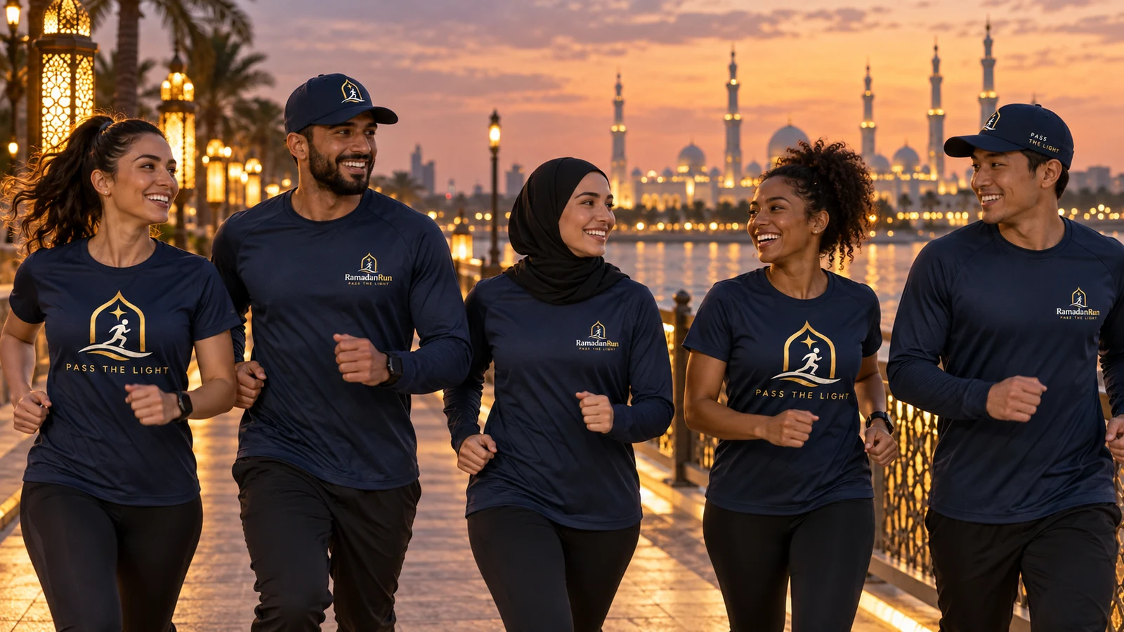 A diverse RamadanRun group moving together at dusk