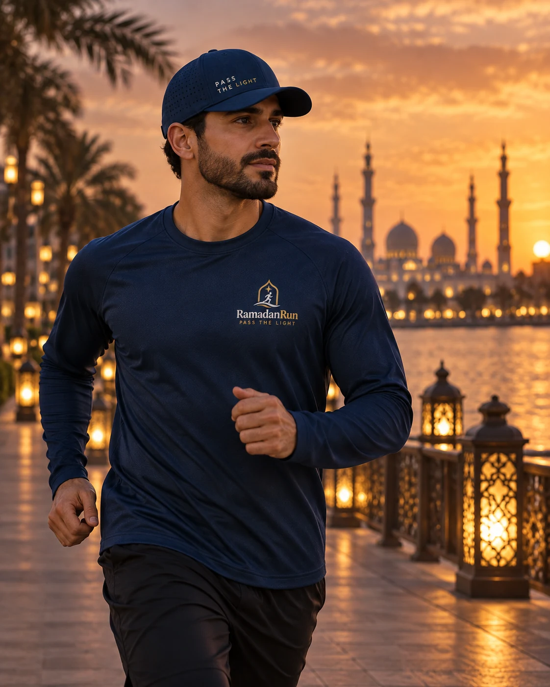 Male RamadanRun participant moving at dusk