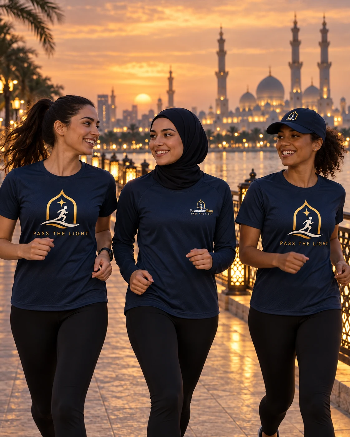 Three women moving together, including one woman wearing hijab and two without